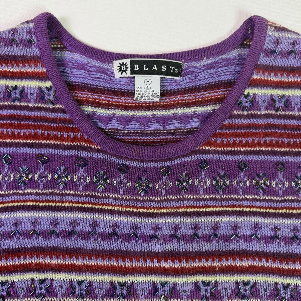 Vintage 90s Sweater Vest Womens Medium Fair Isle Knit Purple Red Beaded Academia